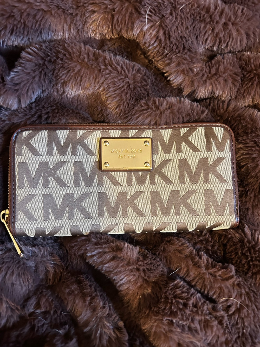 Michael Kors Brown and Beige MK Logo Zip Wallet with Gold Plaque